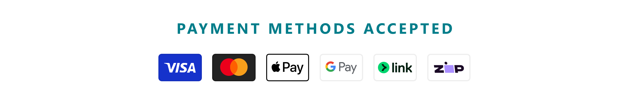 Payment methods accepted: Visa, Mastercard, Apple Pay, Google Pay, Link, Zip